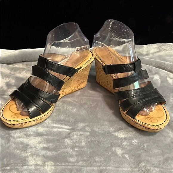 Born Morena Black Shiny Leather Cork Platform Wedge Slides Sandals - Picture 1 of 9